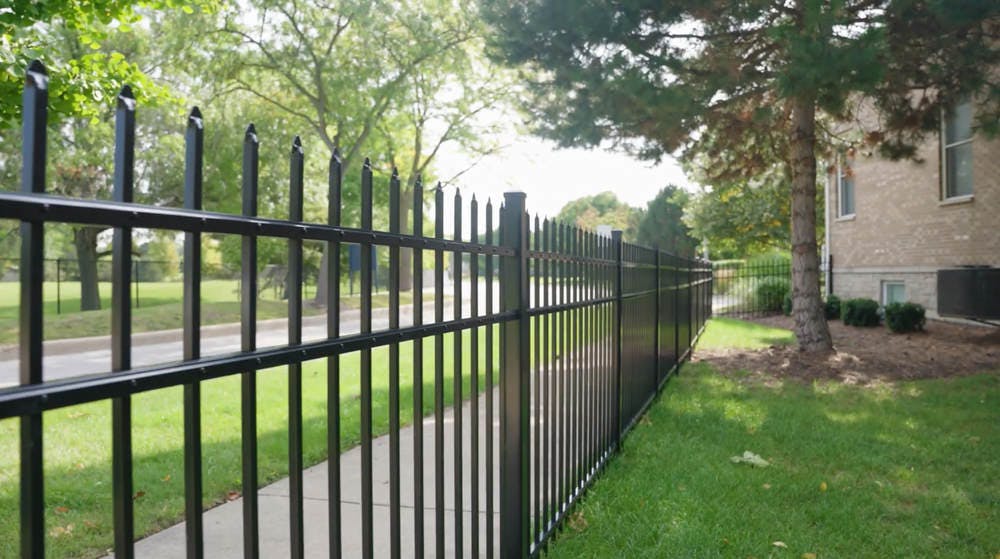 Black aluminum fence next to side walk.